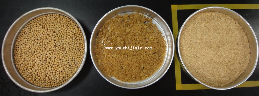 浸出油不健康嗎?油脂化學(xué)與工藝學(xué)探討(圖1) 從左到右分別是:大豆、經(jīng)過膨化處理還未浸出的大豆料胚、豆粕